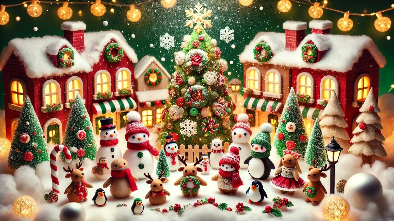 Charming holiday village with illuminated Christmas tree and winter decorations in Dallas